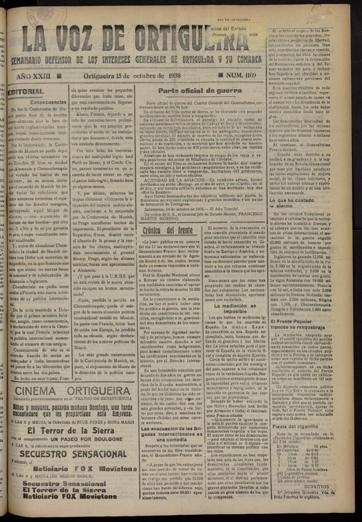 Miniatura de La Voz de Ortigueira del 15 de octubre de 1938, nº 1169
