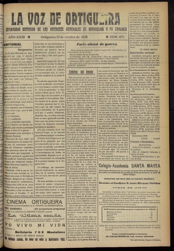 Miniatura de La Voz de Ortigueira del 22 de octubre de 1938, nº 1170