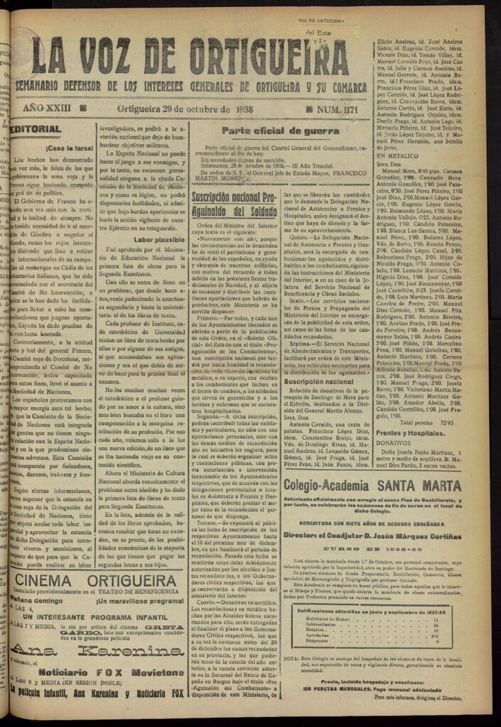 Miniatura de La Voz de Ortigueira del 29 de octubre de 1938, nº 1171