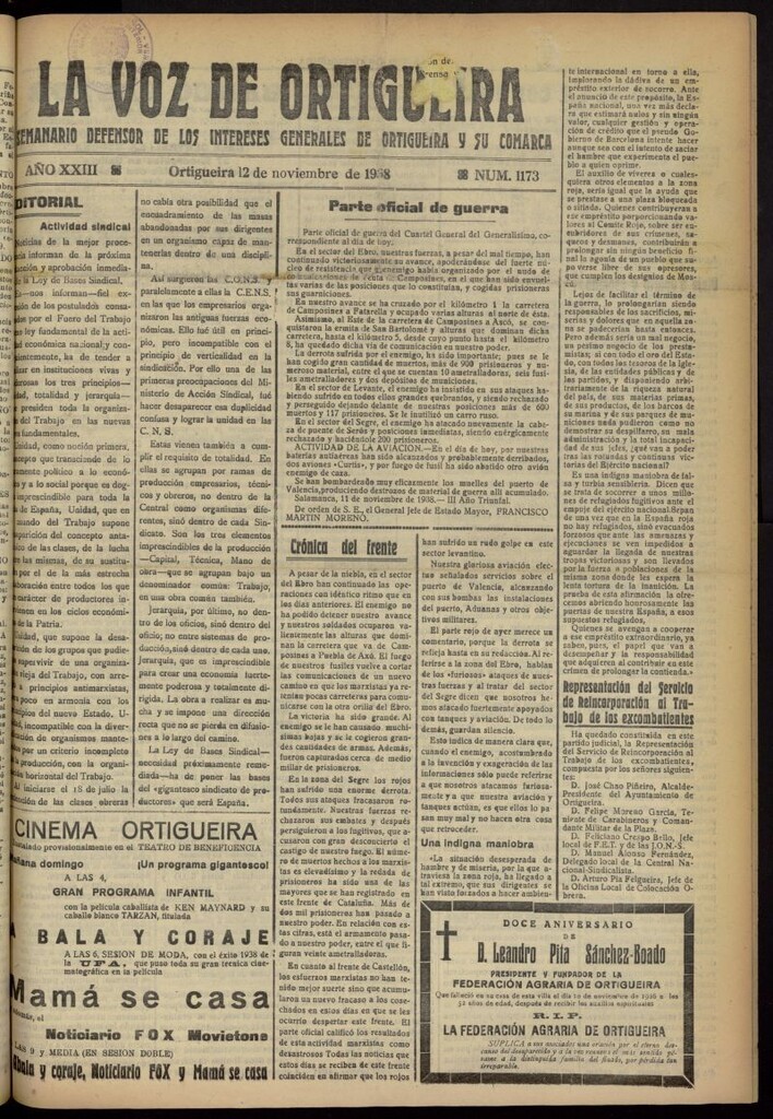 Miniatura de La Voz de Ortigueira del 12 de noviembre de 1938, nº 1173