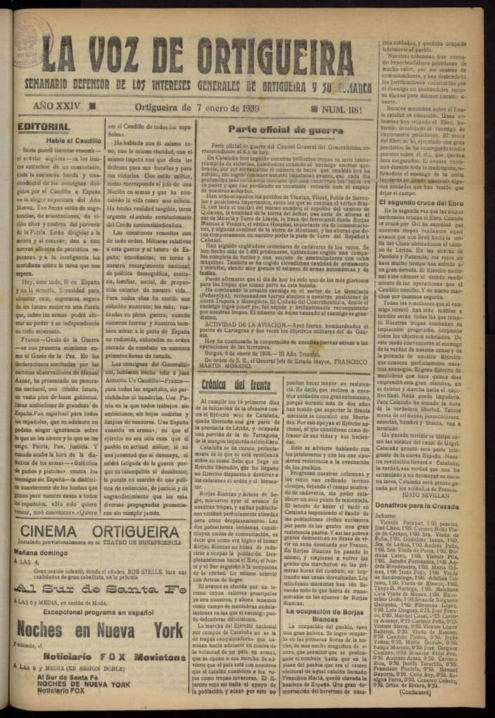 Miniatura de La Voz de Ortigueira del 7 de enero de 1939, nº 1181