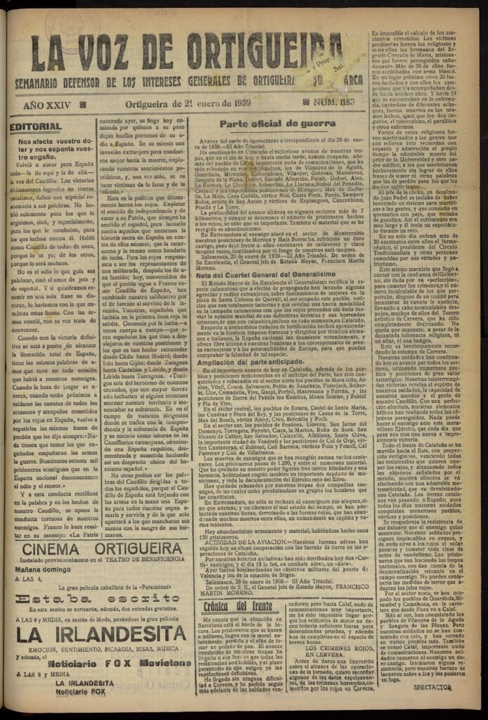 Miniatura de La Voz de Ortigueira del 21 de enero de 1939, nº 1183