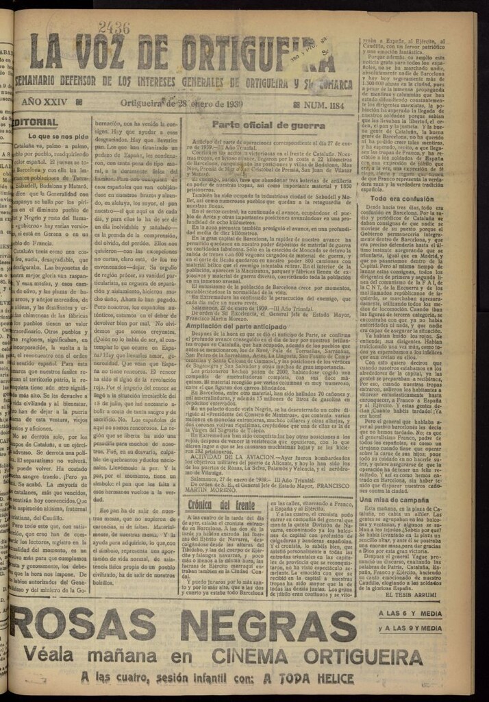 Miniatura de La Voz de Ortigueira del 28 de enero de 1939, nº 1184