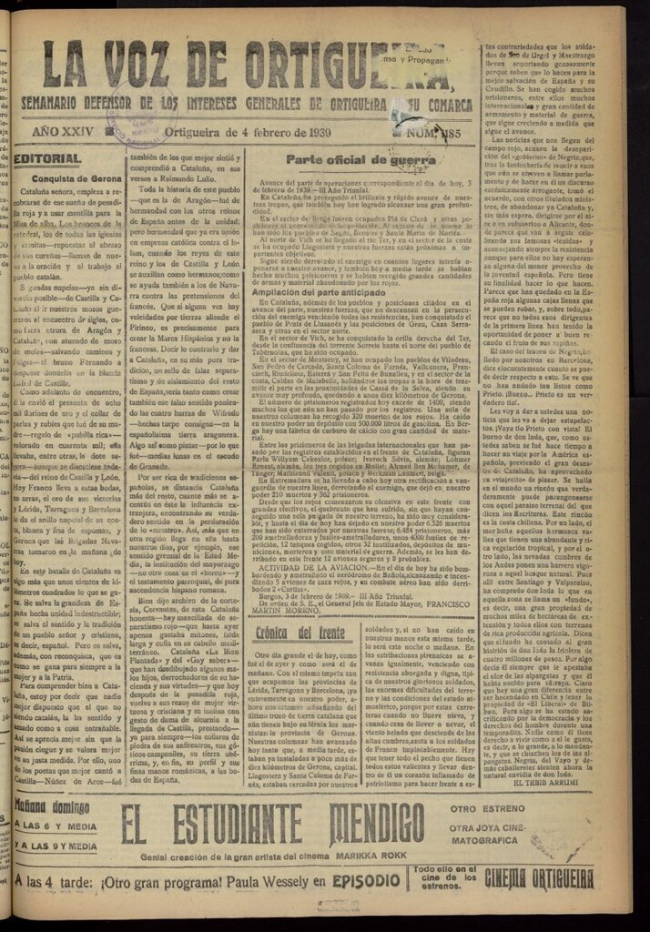 Miniatura de La Voz de Ortigueira del 4 de febrero de 1939, nº 1185
