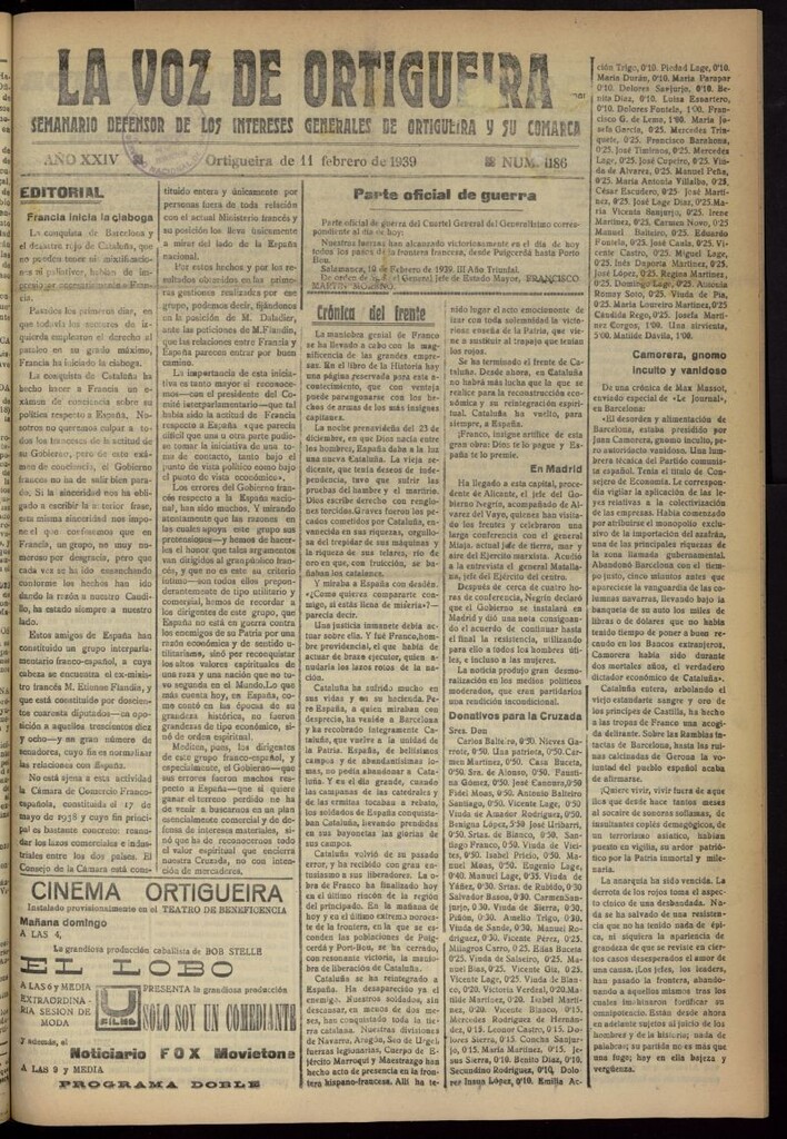 Miniatura de La Voz de Ortigueira del 11 de febrero de 1939, nº 1186