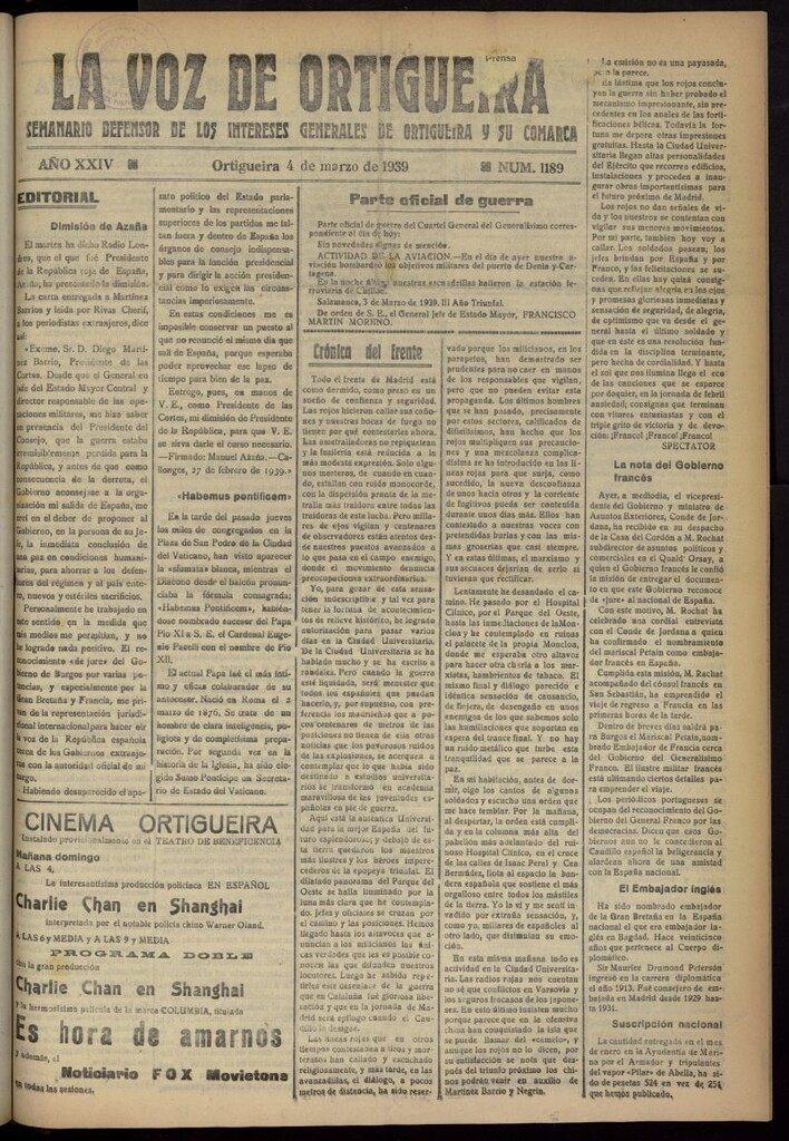 Miniatura de La Voz de Ortigueira del 4 de marzo de 1939, nº 1189