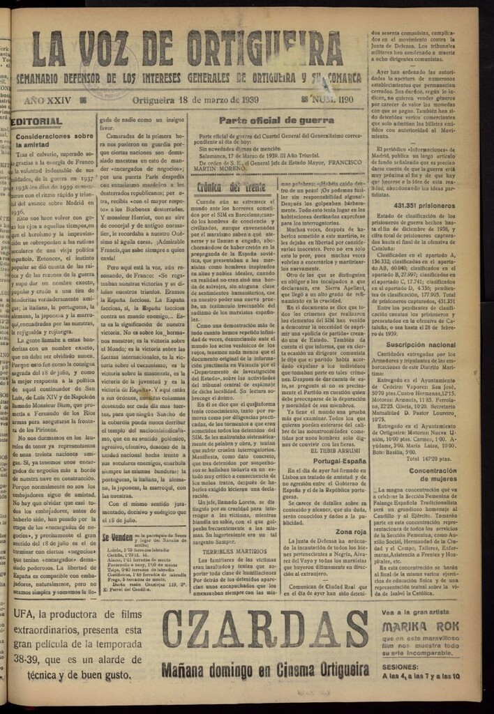 Miniatura de La Voz de Ortigueira del 18 de marzo de 1939, nº 1190