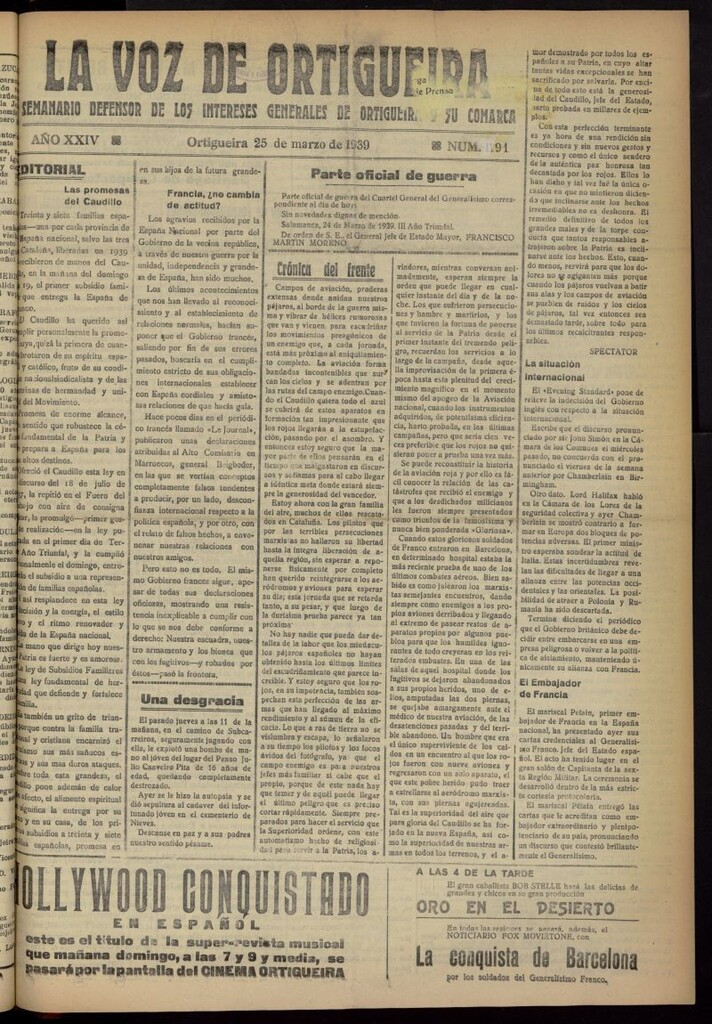 Miniatura de La Voz de Ortigueira del 25 de marzo de 1939, nº 1191