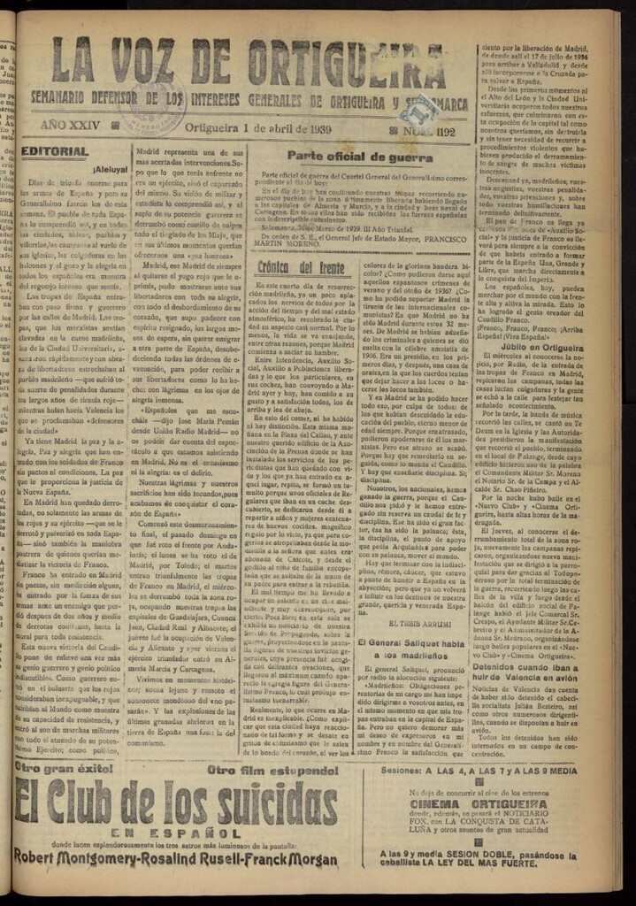 Miniatura de La Voz de Ortigueira del 1 de abril de 1939, nº 1192