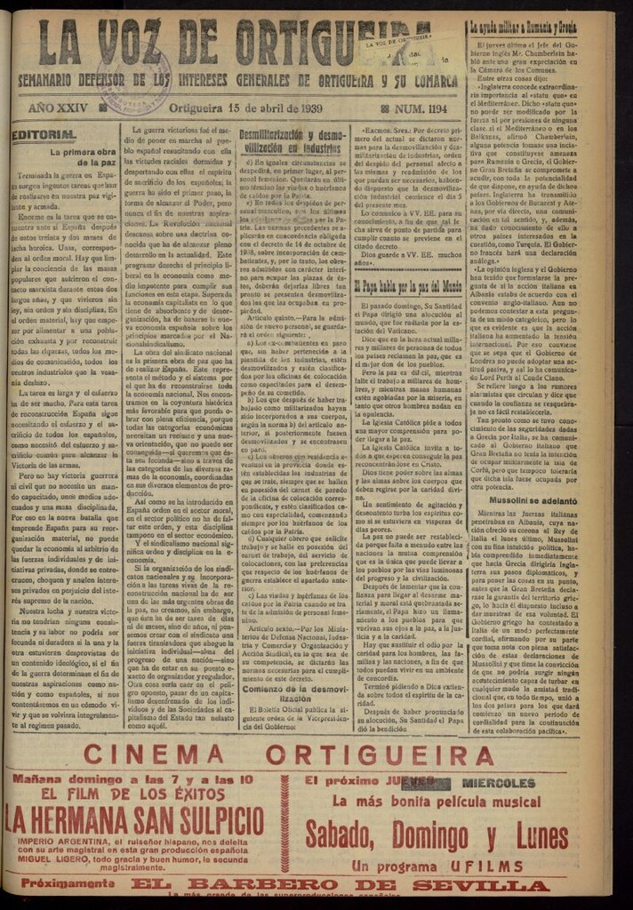 Miniatura de La Voz de Ortigueira del 15 de abril de 1939, nº 1194