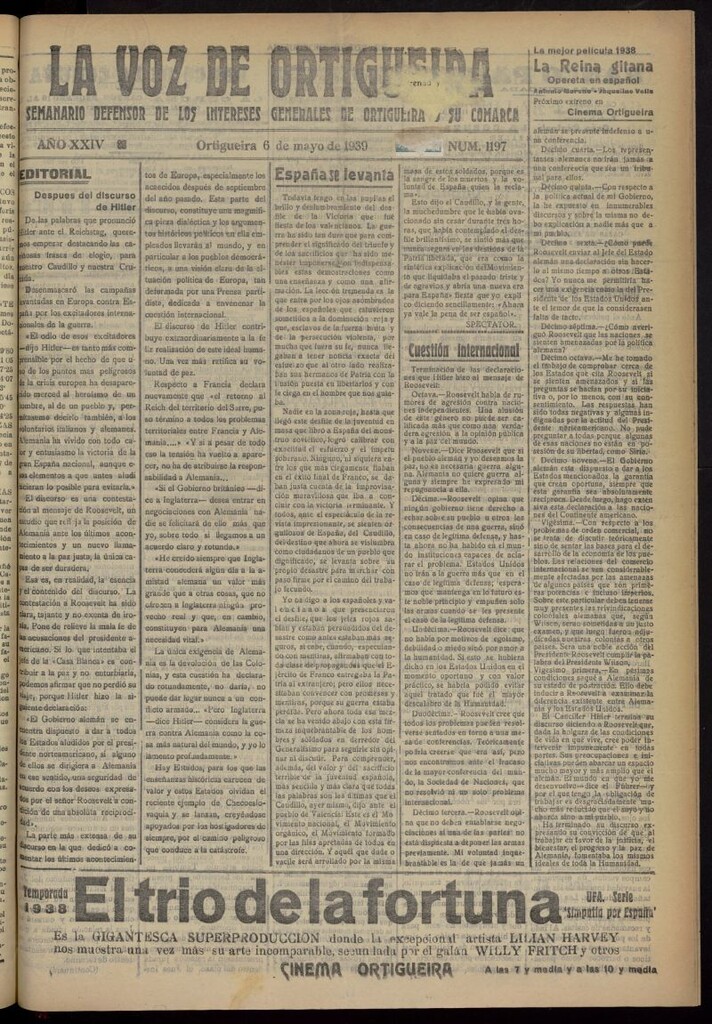 Miniatura de La Voz de Ortigueira del 6 de mayo de 1939, nº 1197