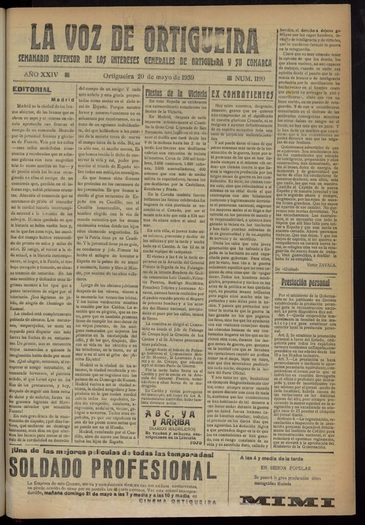 Miniatura de La Voz de Ortigueira del 20 de mayo de 1939, nº 1199
