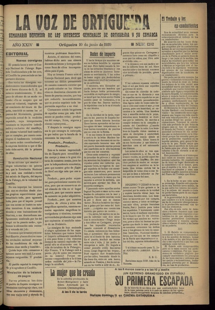 Miniatura de La Voz de Ortigueira del 10 de junio de 1939, nº 1202