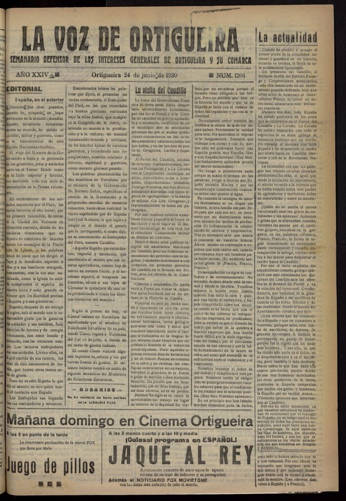 Miniatura de La Voz de Ortigueira del 24 de junio de 1939, nº 1204