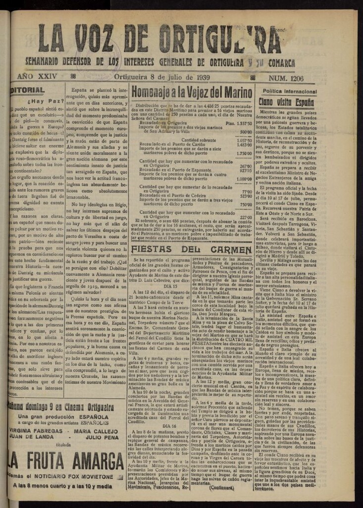 Miniatura de La Voz de Ortigueira del 8 de julio de 1939, nº 1206