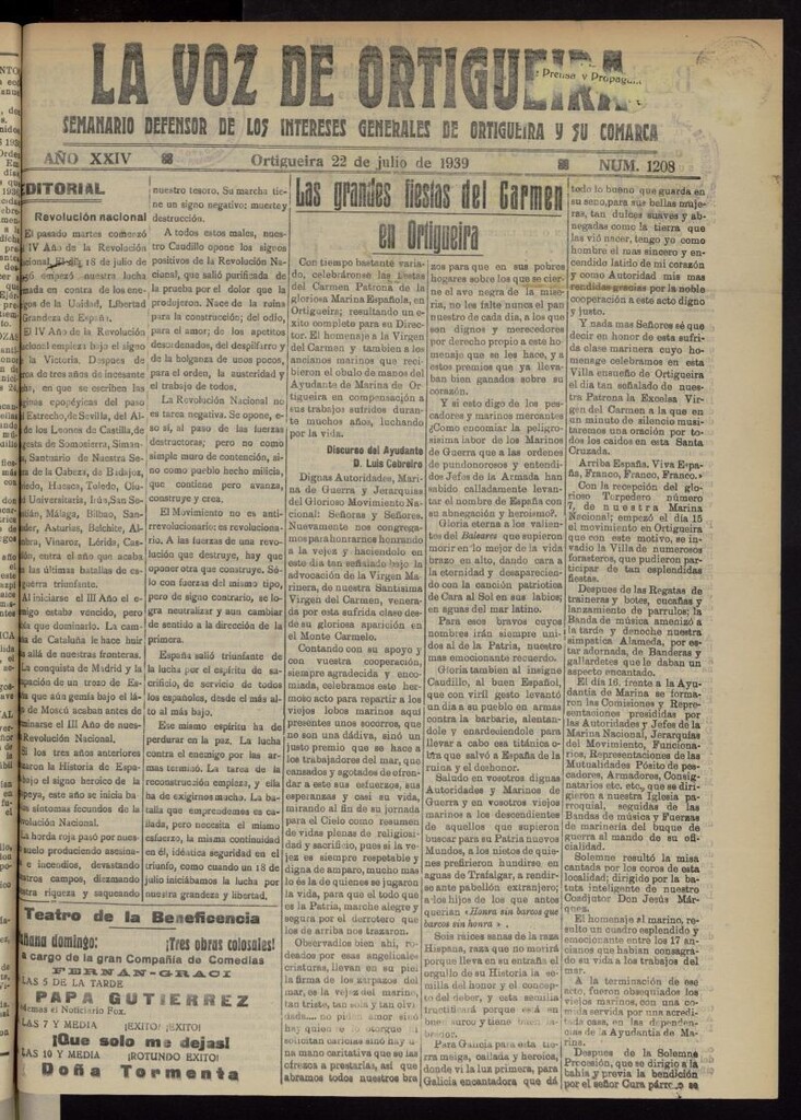 Miniatura de La Voz de Ortigueira del 22 de julio de 1939, nº 1208