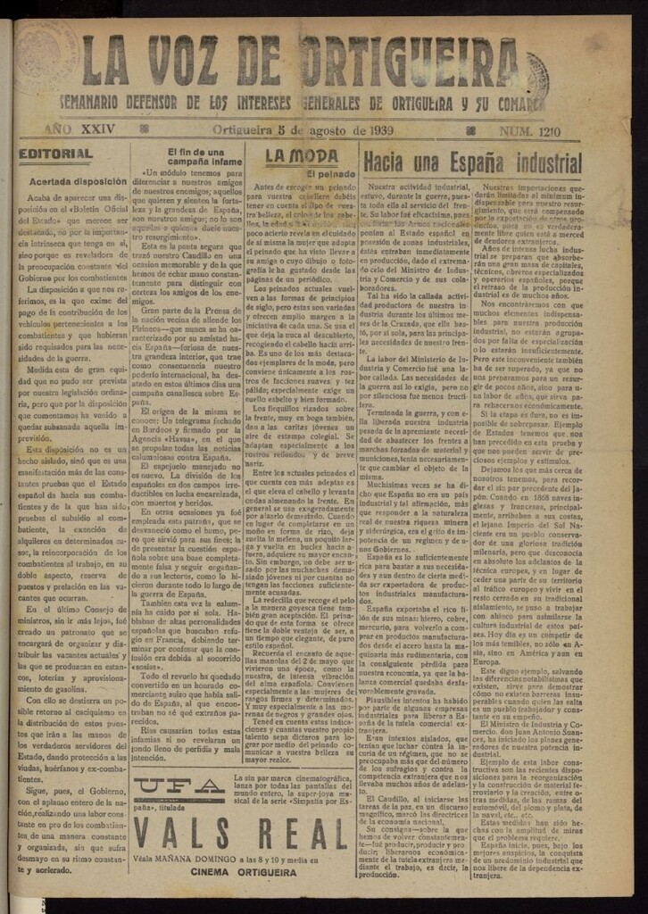 Miniatura de La Voz de Ortigueira del 5 de agosto de 1939, nº 1210
