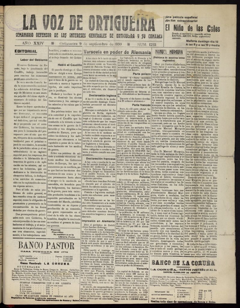Miniatura de La Voz de Ortigueira del 9 de septiembre de 1939, nº 1215