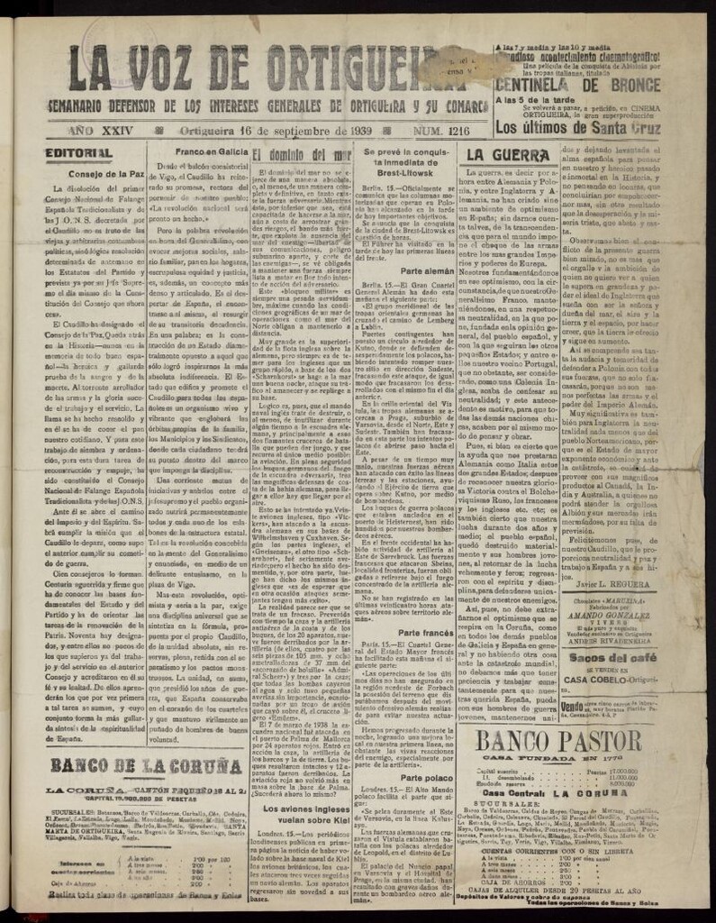 Miniatura de La Voz de Ortigueira del 16 de septiembre de 1939, nº 1216