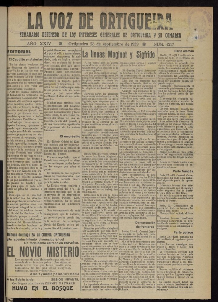 Miniatura de La Voz de Ortigueira del 23 de septiembre de 1939, nº 1217