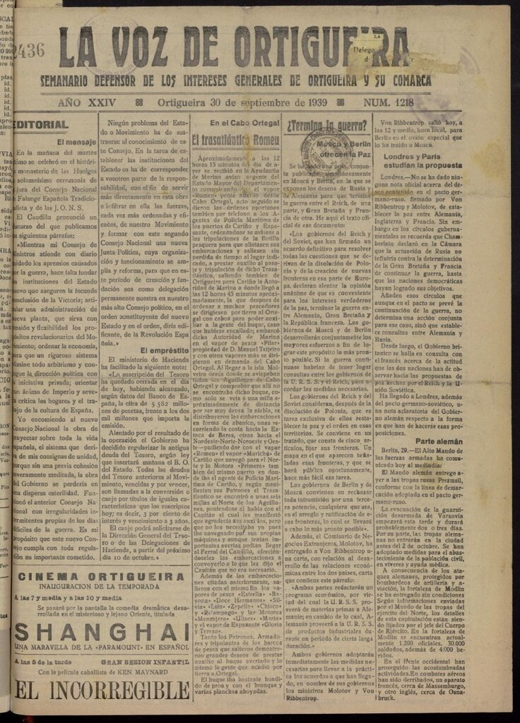 Miniatura de La Voz de Ortigueira del 30 de septiembre de 1939, nº 1218