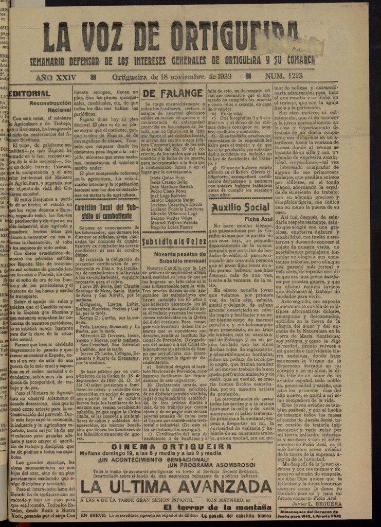 Miniatura de La Voz de Ortigueira del 18 de noviembre de 1939, nº 1225