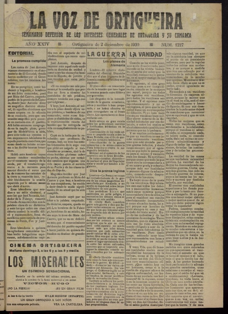 Miniatura de La Voz de Ortigueira del 2 de diciembre de 1939, nº 1227