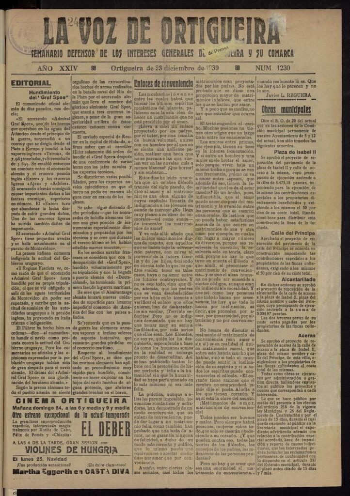 Miniatura de La Voz de Ortigueira del 23 de diciembre de 1939, nº 1230