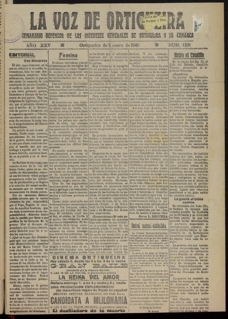 Miniatura de La Voz de Ortigueira del 6 de enero de 1940, nº 1231