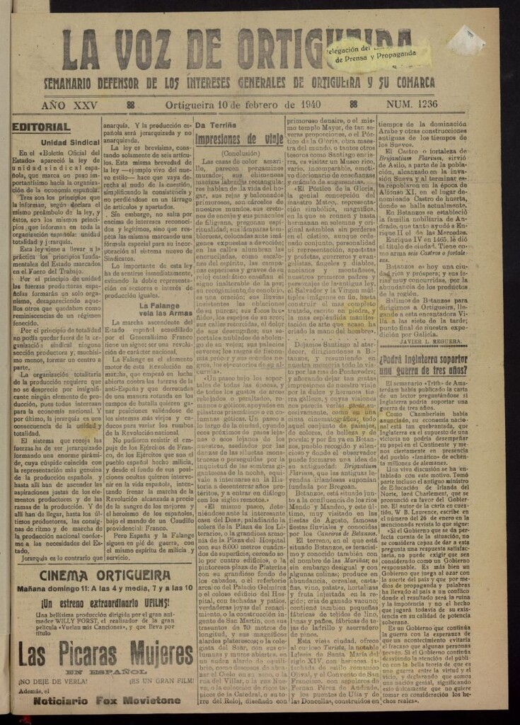 Miniatura de La Voz de Ortigueira del 10 de febrero de 1940, nº 1236