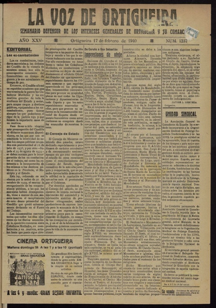 Miniatura de La Voz de Ortigueira del 17 de febrero de 1940, nº 1237