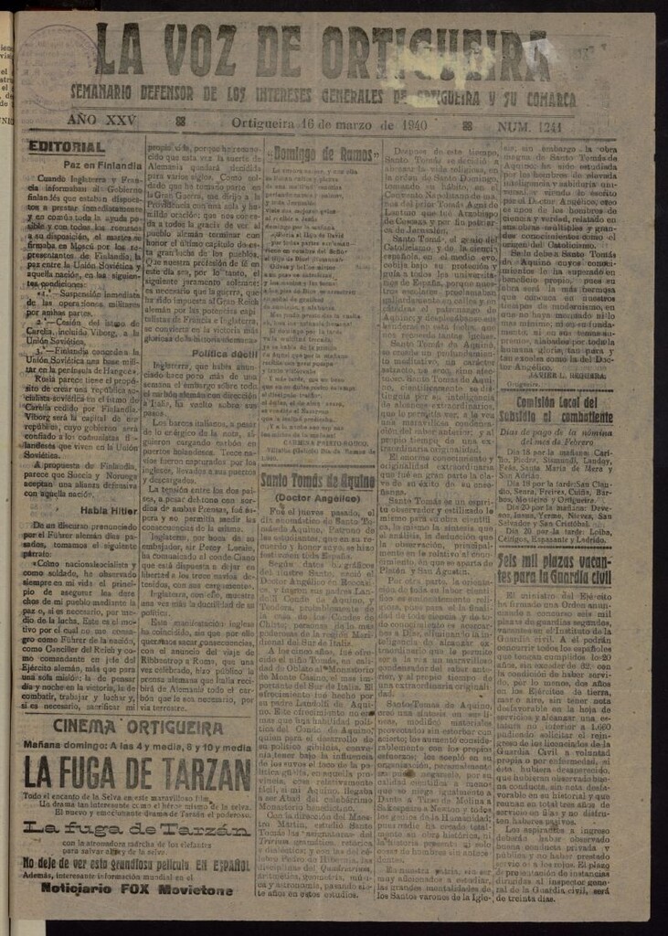 Miniatura de La Voz de Ortigueira del 16 de marzo de 1940, nº 1241