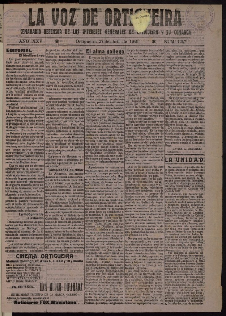 Miniatura de La Voz de Ortigueira del 27 de abril de 1940, nº 1247