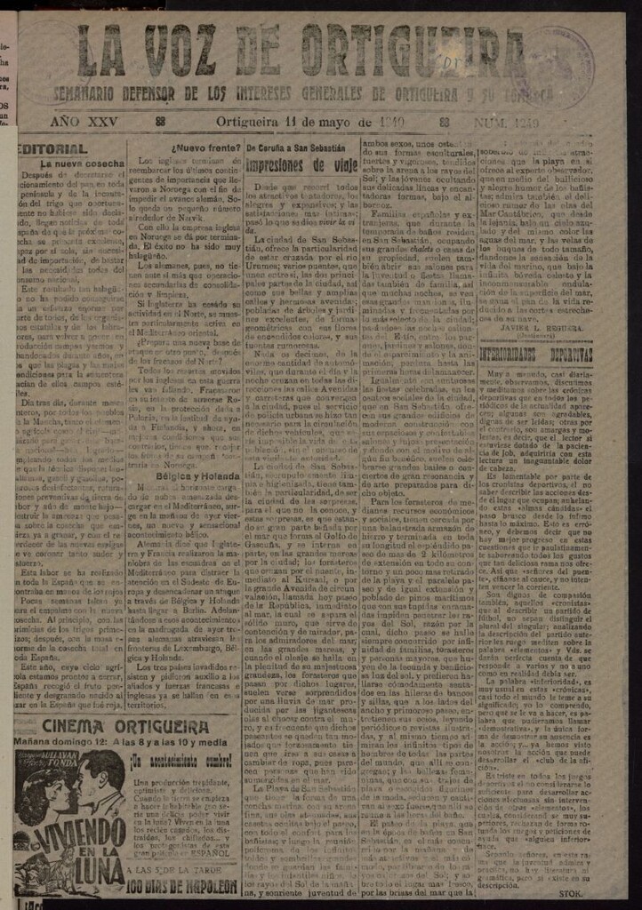Miniatura de La Voz de Ortigueira del 11 de mayo de 1940, nº 1249