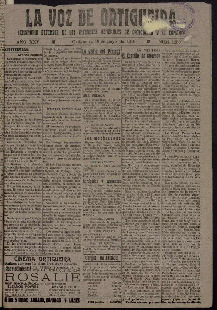 Miniatura de La Voz de Ortigueira del 18 de mayo de 1940, nº 1250
