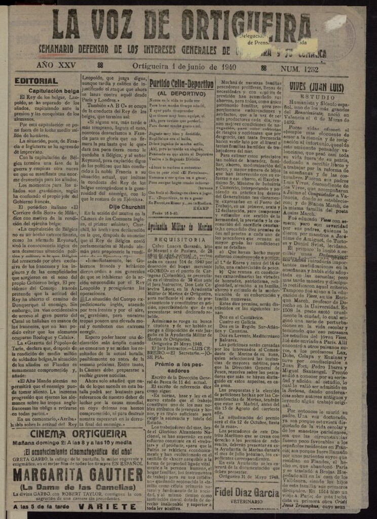 Miniatura de La Voz de Ortigueira del 1 de junio de 1940, nº 1252