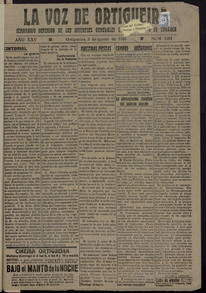 Miniatura de La Voz de Ortigueira del 3 de agosto de 1940, nº 1261