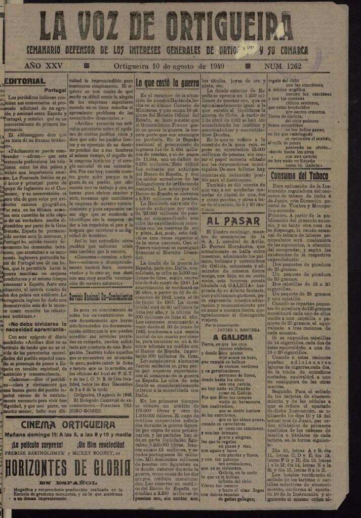 Miniatura de La Voz de Ortigueira del 10 de agosto de 1940, nº 1262