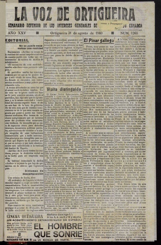 Miniatura de La Voz de Ortigueira del 31 de agosto de 1940, nº 1265