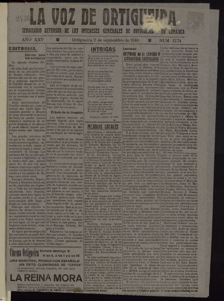 Miniatura de La Voz de Ortigueira del 2 de septiembre de 1940, nº 1274