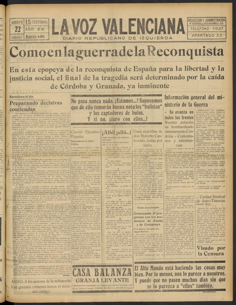 Miniatura de La Voz Valenciana del 22 de agosto de 1936