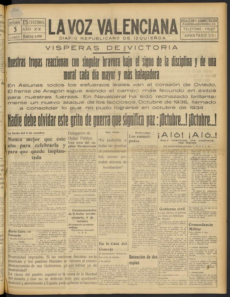 Miniatura de La Voz Valenciana del 5 de octubre de 1936