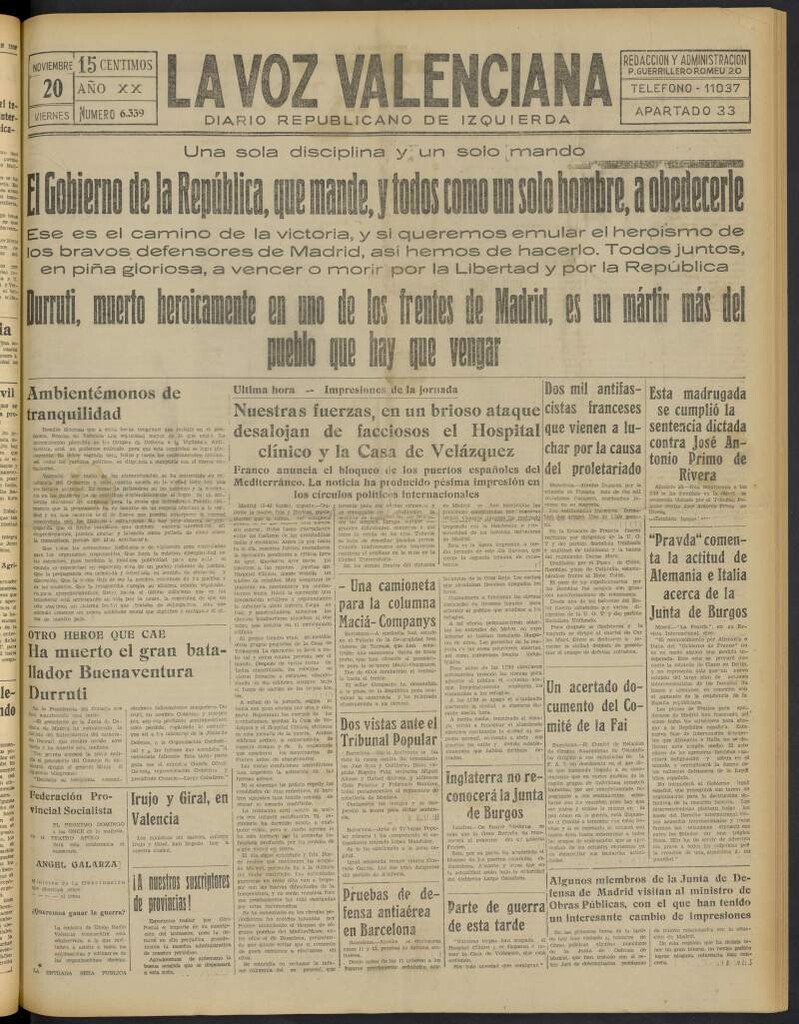 Miniatura de La Voz Valenciana del 20 de noviembre de 1936