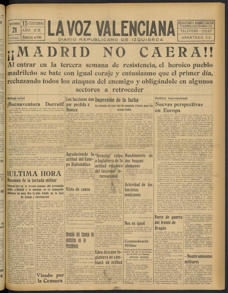 Miniatura de La Voz Valenciana del 21 de noviembre de 1936