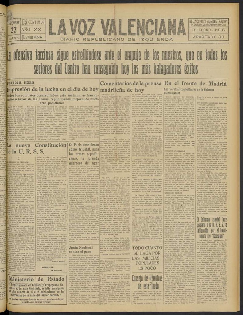 Miniatura de La Voz Valenciana del 22 de diciembre de 1936