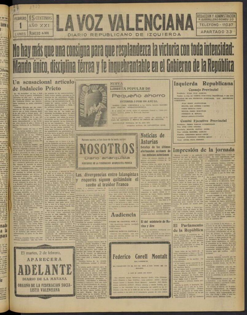 Miniatura de La Voz Valenciana del 1 de febrero de 1937
