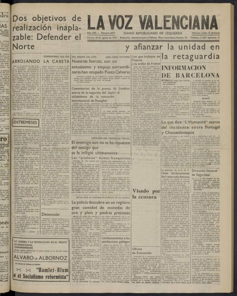 Miniatura de La Voz Valenciana del 20 de agosto de 1937