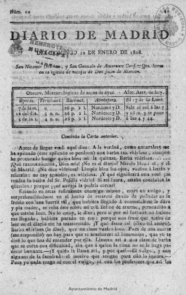 Miniatura de Diario de Madrid del domingo 10 de Enero de 1808