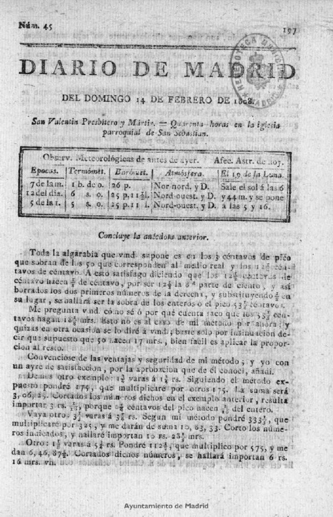 Miniatura de Diario de Madrid del domingo 14 de Febrero de 1808