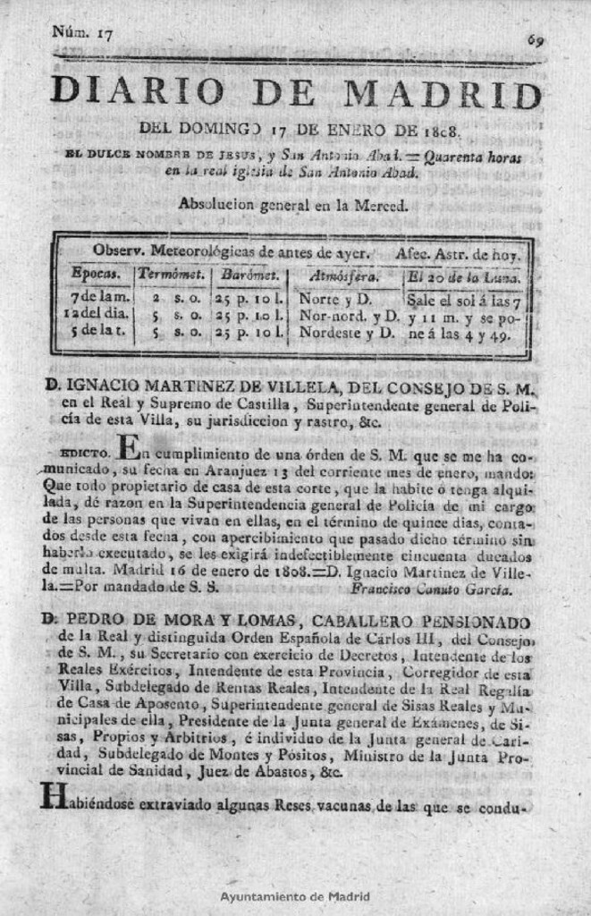 Miniatura de Diario de Madrid del domingo 17 de Enero de 1808